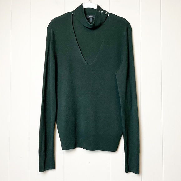Theory Tie Neck Sweater Large mock button cutout lightweight green silk cashmere - Picture 2 of 10